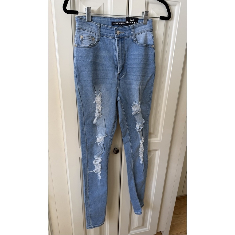 Fashion Nova Distressed Skinny Jeans 7/8 High Rise Ripped Stretch Denim NWT